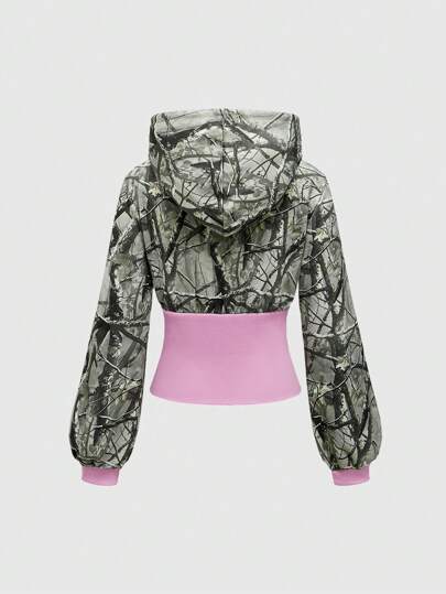 Street Life Sudadera con capucha de cintura alta con cordón, colorblocking y gráfico de rama, estilo streetwear Y2K para mujer