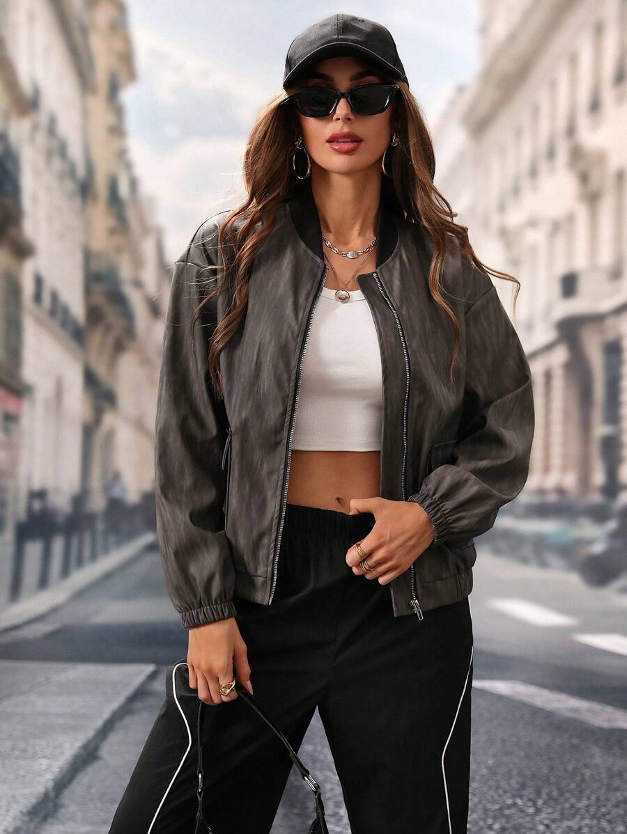 Chiquease Women's Casual PU Baseball Jacket, Spring & Autumn Fall Cloth For Women - Grey - View 1