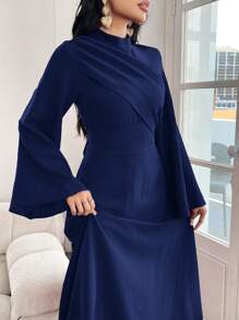 Modelyn 女士纯色立领长袖褶皱长款休闲连衣裙长款晚礼服 - 藍色 - 查看 5