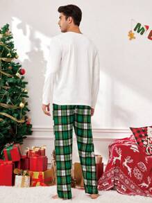 CoupledUp Christmas Couples Funny Cartoon Elk & Green/White Plaid Pattern Men Pajama Set - Green - View 2