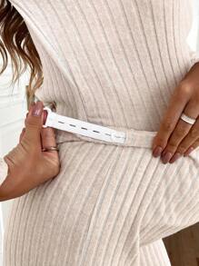 SHEIN Maternity Casual Solid Color Ribbed Top And Pants Set For Autumn - Khaki - View 6