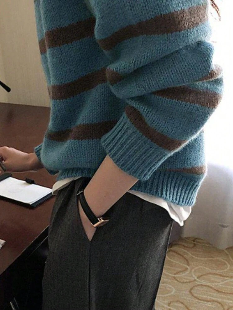Women's Casual Contrast Color Stripe Raglan Sleeve Sweater, Autumn/Winter,Long Sleeve Tops