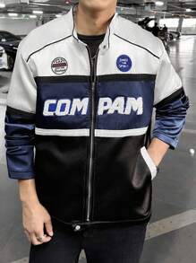 Manfinity Roghcode Áo khoác nam giản dị đường phố xe máy sang trọng đồ họa trang trí chữ cái màu tương phản có khóa kéo, áo khoác nam, quần áo nam mùa thu và mùa đông, áo khoác nam mùa đông - Nhiều màu - Xem 3