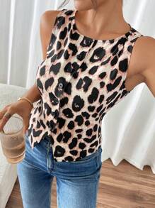 SHEIN Frenchy Women's Fashion Leopard Print Front Button Back Belt Waist Cinch Sleeveless Lightweight Waistcoat,Casual Daily Wear,Commuter Thin Blazer,Leopard Top,Inside Out Women,Simple,Office,Old Money - Multicolor - View 6