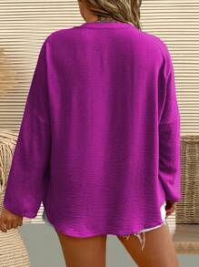 Plus Size Plain V-Neck Mid-Length Casual Shirt Fall Cloth For Women - Hot Pink - View 2