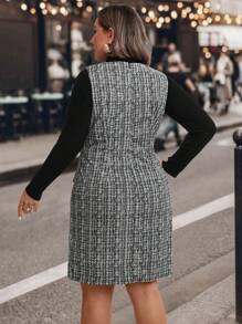 SHEIN Clasi Plus Size Elegant Plaid Front Button Sleeveless Dress, Autumn