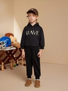 PrepCrw Kleine Jungen Campus & Street Buchstaben Muster Schwarzer Thermofutter Kapuzenoberteil & Hosen Set, Herbst/Winter - Schwarz - Übersicht 5