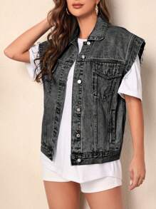 SHEIN Frenchy 女式休闲牛仔夹克，单排扣纽扣和翻盖口袋，适合秋季 - 深灰色 - 查看 4