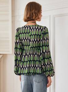 Almamuse Dames V-hals allover print blouse met strik aan de voorkant en lange mouwen