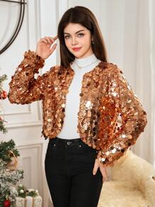 SHEIN Elegant Luxurious Glittering Gold Sequin Short Sleeve Jacket For Teenage Girls, Christmas Party Dress - Gold - View 3