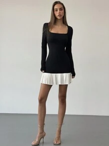 Aloruh 女士现代时尚黑白对比褶皱紧身优雅迷你连衣裙，适合外出 - 黑與白 - 查看 4