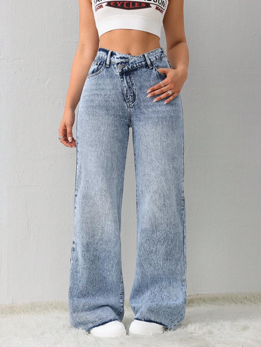 SHEIN Tall Women's Jeans Casual Loose Straight Trousers Blue Fleece Trousers Winter Jeans Thermal Denim Teddy Denim Teddy Thermal Fuzzy Fleece Teddy Women Jeans Low Rise Jeans Baggy Jeans Winter Women Clothes Thermal - Medium Wash - View 1