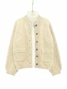 SHEIN LUNE Cárdigan de manga larga holgado de punto de color liso con botones, estilo vintage para mujeres, otoño/invierno - Beis - Ver 3