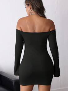 INAWLY Women's Solid Off-Shoulder Bell Sleeve Fitted Mini Dress