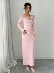 Chiquease 1 件长袖蓬松领系腰露肩优雅迷人连衣裙长款女装 - 粉色 - 查看 5