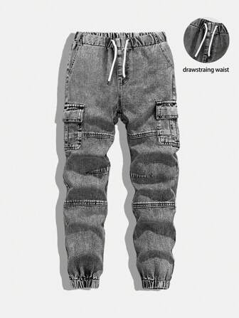 SHEIN Tween Boy Vintage Casual Loose Baggy Denim Cargo Pants With Drawstring Waist And Multiple Pockets, School, Campus, College Chic Outfits For Autumn/Winter