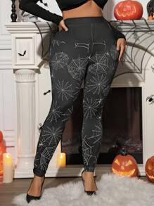 SHEIN LUNE 大码蜘蛛网印花松紧腰紧身打底裤