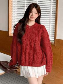 DAZY Women's Solid Color Drop Shoulder Long Sleeve Twist Knit Sweater, Autumn/Winter