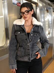 SHEIN EZwear Women's Autumn/Winter Color-Blocking Fleece Lapel Single-Breasted Casual Denim Jacket Thickened Denim - Black - View 2