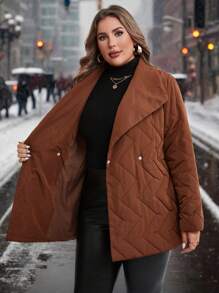 SHEIN Clasi Plus Size Button Front Long Sleeve Minimalist Padded Coat, Elegant For Everyday Wear, Women Winter Clothes - Rust Brown - View 5