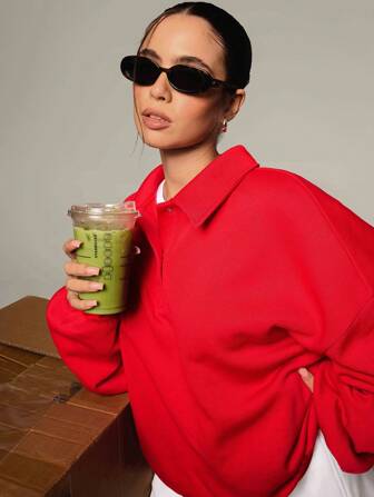 Athîral 情人节-2 件套女士纯色 Polo 领落肩长袖上衣和撞色短裤，休闲套装，秋季