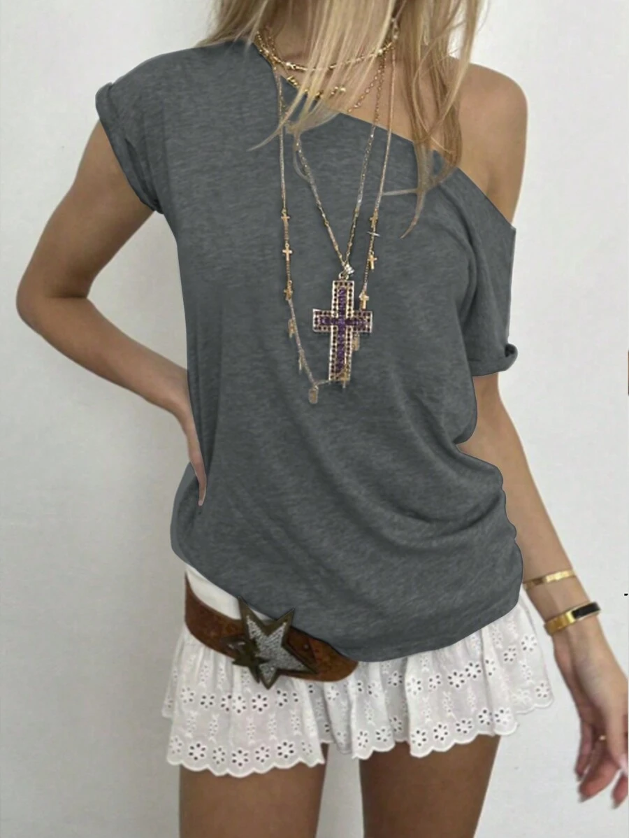 INAWLY 女士休闲纯色不对称领口蝙蝠袖 T 恤，夏季图案 T 恤女式上衣