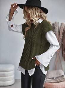 EMERY ROSE Women Casual Solid Color Side Slit Vest Sweater, Autumn - Army Green - View 3