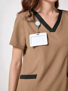 TaskEZ Contrast Color Patchwork Short Sleeve Top & Pants Nurse Uniform Scrub Set - Khaki - View 5