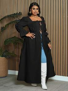 Slaydiva 大码秋季甜美休闲女式大码纯白色低胸性感加长衬衫上衣长款女式连衣裙秋装长袖 - 黑色 - 查看 6