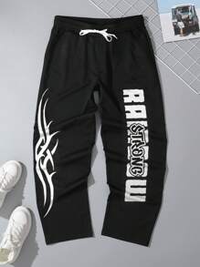 Manfinity Roughcore Pantalones de chándal casuales con cordón y bolsillos, con estampado de letras para hombre - Negro - Ver 5