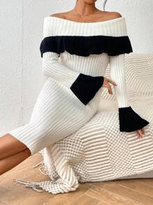 Chiquease Contrast Color V-Neck Ribbed Knit Elegant Long Sleeve Dress Fall Cloth For Women - Black and White - View 6