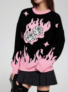 Teen Girl Street Style Flaming Rose Graphic Knit Pullover Sweater, Fashionable For Outing, Party, Photo Shoot - Multicolor - View 5