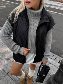 SHEIN Unity Femmes Manteau rembourré à manches courtes, zipper avant, couleur unie, vêtements décontractés pour l'hiver et l'automne