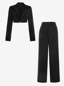 SHEIN Unity 2pcs Set Casual Commuter Style Striped Long Sleeve Cropped Top And Suit Pants - Black - View 3