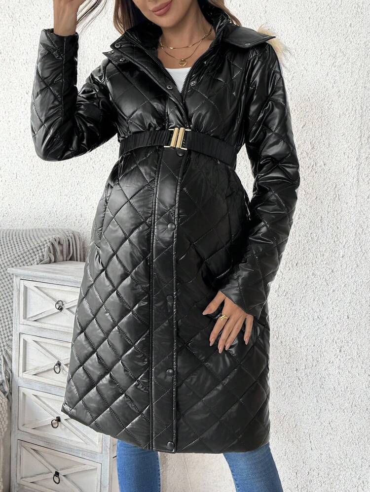 SHEIN 孕妇冬季三合一连帽加厚外套、孕妇外套和大衣 - 黑色 - 查看 10