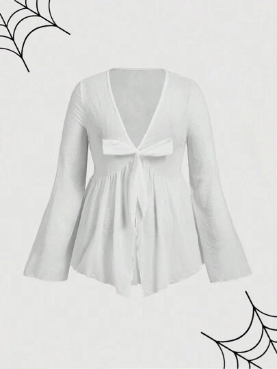 SHEIN MOD Plus Size Women Mesh Spider Web Flocked Bell Sleeve Bowknot Ruffle Hem Blouse