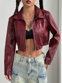 SHEIN Unity Halloween Cropped Burgundy Leather Zip-Up Jacket, Autumn/Winter - Burgundy - View 3