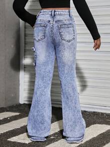 SHEIN Tween Girl Y2K 时尚复古水洗心形拼接喇叭牛仔裤，带口袋和毛边下摆 - 中等水洗藍 - 查看 2