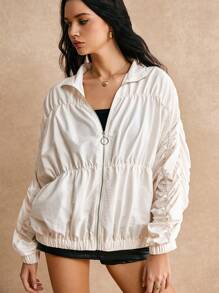 Poéselle Chaquetas plisadas beige, chaquetas bomber, chaquetas para exteriores, gabardinas, chaquetas simples de color liso con cremallera delantera y manga larga fruncida para mujeres, ropa de mujer para otoño, casual y cómoda, se puede usar como protección solar, para uso casual diario