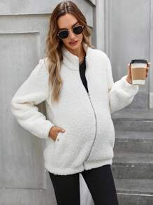 SHEIN Maternity 3-In-1 Teddy Fleece Double Zipper Jacket For Pregnant Women, Winter Warm Coat
