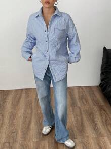 SHEIN Unity 条纹休闲宽松夹棉常规夹克，秋冬 - 藍色 - 查看 4