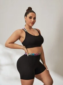 Gameset SHEIN Sport Bộ đồ thể thao cỡ lớn: Quần lót thoải mái có dây thun phổ biến, quần đùi thể thao - màu đen - Xem 3