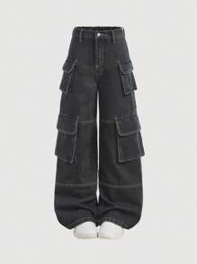 SHEIN Tween Girls Vintage Blue Denim Wide Leg Jeans - Medium Wash - View 1