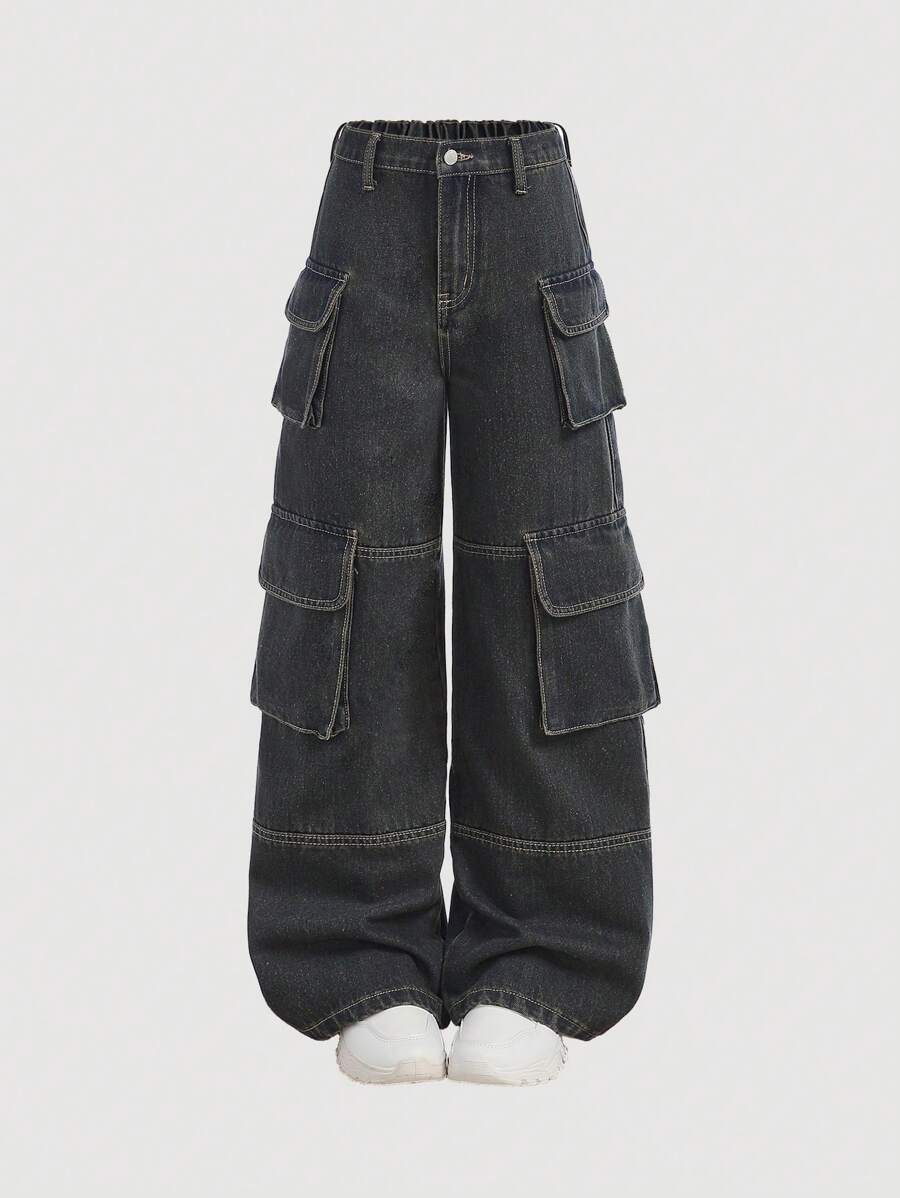 SHEIN Tween Girls Vintage Blue Denim Wide Leg Jeans - Medium Wash - View 1
