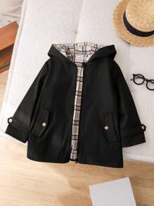 SHEIN 1 pieza Abrigo impermeable a cuadros de manga larga, capucha y diseño casual y lindo para niños, apropiado para la escuela, viajes, otoño/invierno