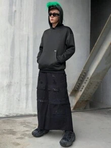 Manfinity VCAY 1 件男士 Y2K 趣味基本款休闲超大高街复古风格黑色针织长袖厚运动衫连帽衫万圣节时尚干净修身保暖厚款，秋冬 - 黑色 - 查看 3