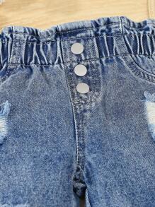 SHEIN Vintaside Kids 女童休闲舒适街头风格破洞碎花腰牛仔裤 - 中等水洗藍 - 查看 4