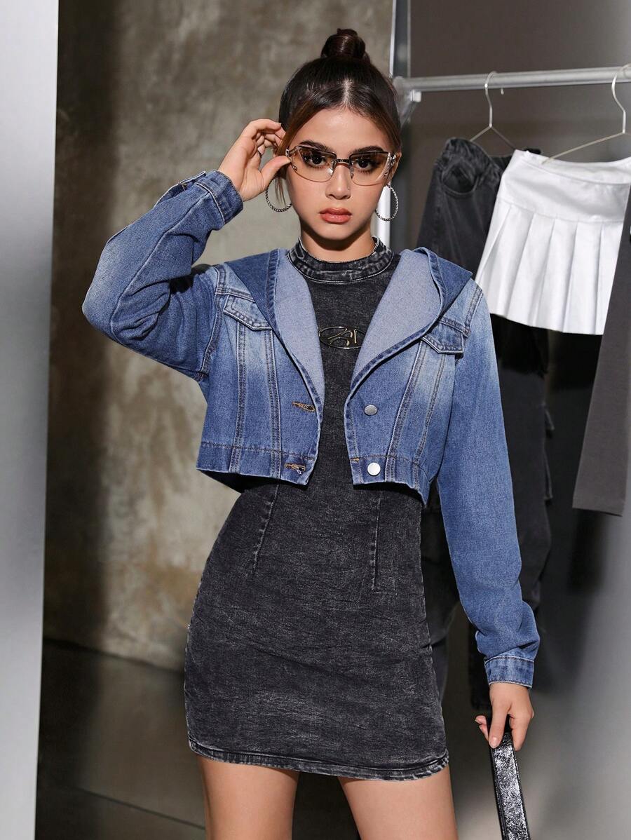 SHEIN Teen Girls Y2K Fashion Retro Patched Pocket Hoodie Crop Denim Jeans Jacket - Dark Wash - View 1