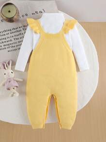Peto con diseño de intarsia de dibujos animados para niñas bebé, con orejas de conejo, manga larga con volantes, color rosa, mono esponjoso y lindo, para primavera/otoño