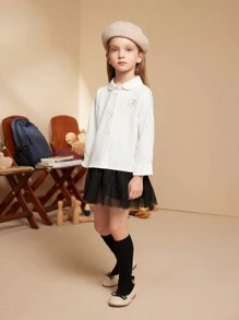 PrepCrw 年轻女孩卡通贴花前扣彼得潘领长袖衬衫 - 白色 - 查看 3